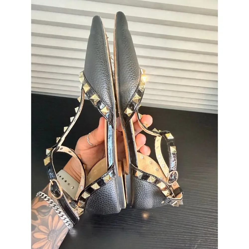 Black Studded T-Strap Pointed Toe Flats Womens EUR 36 Rockstud Style Ankle Strap - Picture 11 of 15